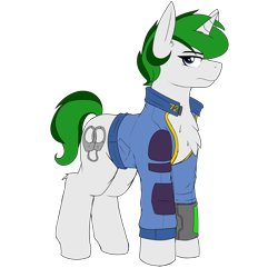 Size: 4000x4000 | Tagged: safe, artist:coatieyay, derpibooru import, oc, oc:baron, unicorn, fallout equestria, chest fluff, clothes, female, horn, pipboy, simple background, transparent background, unicorn oc, vault suit
