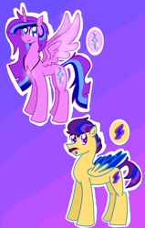 Size: 1788x2820 | Tagged: safe, artist:goldlines005, derpibooru import, oc, oc only, alicorn, pegasus, pony, alicorn oc, female, gradient background, horn, jewelry, male, mare, necklace, offspring, parent:flash sentry, parent:twilight sparkle, parents:flashlight, pegasus oc, smiling, stallion, two toned wings, wings