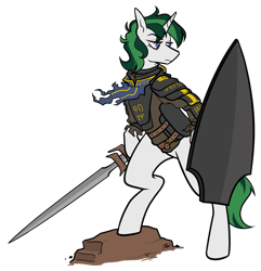 Size: 1159x1200 | Tagged: safe, artist:egophiliac, derpibooru import, oc, oc:baron, unicorn, armor, female, knight, shield, simple background, sword, transparent background, weapon