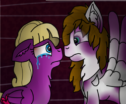 Size: 1216x1006 | Tagged: safe, artist:millefaller, derpibooru import, oc, pegasus, pony, 2015, black eye, bruised, chest fluff, crying, duo, ear fluff, ears, female, gravity falls, mare, pacifica northwest, ponified