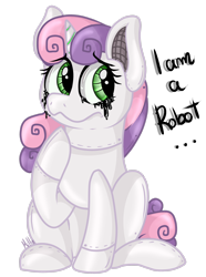 Size: 2112x2839 | Tagged: safe, artist:millefaller, derpibooru import, sweetie belle, sweetie bot, pony, robot, robot pony, unicorn, ..., black tears, crying, eyelashes, raised hoof, raised leg, simple background, solo, talking, transparent background