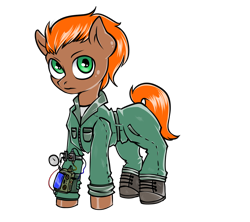 Size: 1100x976 | Tagged: safe, artist:leastways, derpibooru import, oc, oc:rusty, earth pony, pony, fallout equestria, clothes, fanfic art, hoof shoes, jumpsuit, pipboy, pipbuck, simple background, sketch, transparent background
