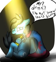 Size: 2500x2800 | Tagged: safe, artist:spirodraw, derpibooru import, oc, oc only, earth pony, pony, abstract background, cape, clothes, drunk, earth pony oc, go home you're drunk, hoof hold, sitting, solo, talking