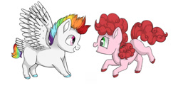 Size: 1267x630 | Tagged: safe, artist:ukulelepineapplecat, derpibooru import, oc, oc only, earth pony, pegasus, pony, colored hooves, colt, duo, earth pony oc, female, filly, male, multicolored hair, offspring, parent:bulk biceps, parent:cheese sandwich, parent:pinkie pie, parent:rainbow dash, parents:cheesepie, parents:rainbulk, pegasus oc, rainbow hair, simple background, smiling, white background, wings
