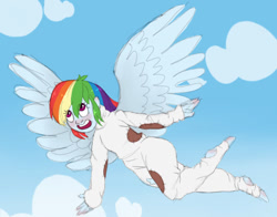 Size: 868x681 | Tagged: safe, artist:ukulelepineapplecat, derpibooru import, rainbow dash, equestria girls, clothes, cloud, feet, female, flying, outdoors, smiling, solo, wings
