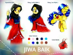 Size: 3709x2782 | Tagged: safe, artist:liaaqila, derpibooru import, oc, oc only, oc:jiwa baik, earth pony, pony, equestria girls, clothes, commission, dress, equestria girls-ified, eyes closed, grin, hijab, islam, malaysia, open mouth, raised hoof, raised leg, reference sheet, smiling, solo, traditional art, waving