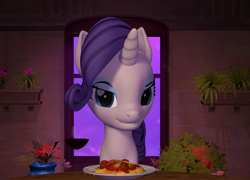 Size: 1500x1080 | Tagged: safe, artist:aleshi, derpibooru import, rarity, pony, unicorn, 3d, dinner, drink, food, grin, looking at you, ponies eating meat, romantic, smiling, solo, source filmmaker