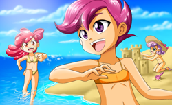 Size: 1248x766 | Tagged: safe, artist:nancysauria, edit, apple bloom, scootaloo, sweetie belle, human, beach, child, cutie mark crusaders, female, humanized, sand, trio, water