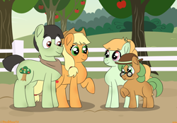 Size: 2048x1423 | Tagged: safe, artist:colorcodetheartist, artist:estories, derpibooru import, applejack, oc, oc:coy crispin, oc:golden russet, pony, choromatsu, crossover, crossover shipping, female, freckles, glasses, handkerchief, hat, male, offspring, parent:applejack, parent:choromatsu matsuno, parents:chorojack, ponified, shipping, straight