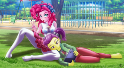 Size: 3116x1723 | Tagged: safe, artist:mauroz, derpibooru import, lily pad (equestria girls), pinkie pie, better together, equestria girls, anime, barefoot, breasts, clothes, feet, head on lap, jungle gym, missing shoes, park, peace sign, pinkie pies, playground, schrödinger's pantsu, skirt, stocking feet, tablet, tongue, tongue out, tree, upskirt denied