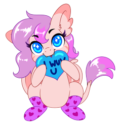 Size: 2036x2152 | Tagged: safe, artist:silkensaddle, derpibooru import, oc, oc only, clothes, fangs, female, heart, leonine tail, looking at you, simple background, sitting, smiling, smiling at you, socks, solo, transparent background