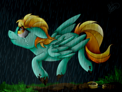 Size: 1136x852 | Tagged: safe, artist:millefaller, derpibooru import, lightning dust, pegasus, pony, crying, eyelashes, female, mare, outdoors, rain, solo, wings