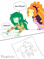 Size: 1280x1710 | Tagged: safe, artist:crock2121, derpibooru import, adagio dazzle, wallflower blush, equestria girls, comic, dialogue, drawing, female, implied lesbian, implied pinkieflower, implied shipping, paper, spanish