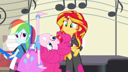 Size: 3410x1920 | Tagged: safe, derpibooru import, screencap, pinkie pie, rainbow dash, sunset shimmer, equestria girls, rainbow rocks, boots, clothes, cute, cutie mark, cutie mark on clothes, diapinkes, electric guitar, female, guitar, musical instrument, shoes