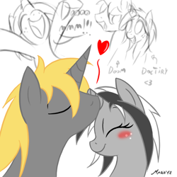 Size: 800x800 | Tagged: safe, artist:srmario, derpibooru import, oc, oc only, oc:doctiry, oc:doom, pony, unicorn, blushing, broken horn, eyelashes, female, freckles, horn, kissing, male, mare, oc x oc, partial color, shipping, stallion, unicorn oc