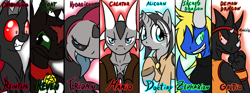 Size: 1180x440 | Tagged: safe, artist:srmario, derpibooru import, oc, oc only, oc:doctiry, oc:reinflak, alicorn, anthro, changeling, dragon, pony, alicorn oc, anthro with ponies, broken horn, bust, changeling oc, dragon oc, female, grin, horn, male, mare, red changeling, red eyes, smiling, wings