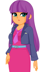 Size: 848x1343 | Tagged: safe, artist:rosemile mulberry, derpibooru import, ginger owlseye, equestria girls, belt, chubby, clothes, dress, female, hand on hip, jacket, lipstick, long hair, makeup, necktie, simple background, solo, white background