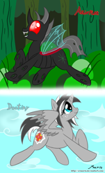 Size: 1000x1656 | Tagged: safe, artist:srmario, derpibooru import, oc, oc only, oc:doctiry, oc:reinflak, alicorn, changeling, pony, alicorn oc, broken horn, changeling oc, duo, female, flying, horn, mare, outdoors, red changeling, signature, wings