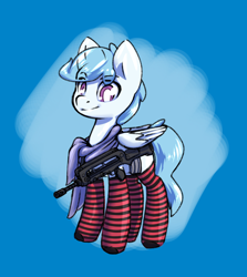 Size: 1236x1384 | Tagged: safe, artist:compoundlift, derpibooru import, oc, oc only, oc:file folder, pegasus, clothes, famas, gun, horsin' around, male, scarf, socks, solo, striped socks, weapon