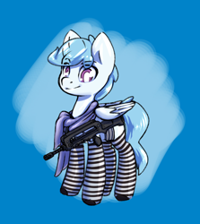 Size: 1236x1384 | Tagged: safe, artist:compoundlift, derpibooru import, oc, oc only, oc:file folder, pegasus, clothes, famas, gun, horsin' around, male, scarf, socks, solo, striped socks, weapon