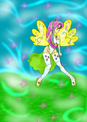 Size: 1000x1400 | Tagged: safe, artist:foxgearstudios, derpibooru import, fluttershy, butterfly, human, clothes, female, humanized, outdoors, solo, winged humanization, wings