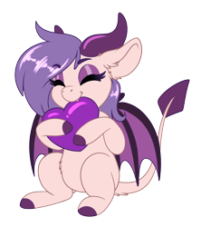 Size: 1752x1972 | Tagged: safe, artist:silkensaddle, derpibooru import, oc, oc only, oc:wild fever, original species, succubus, succubus pony, ears, eyes closed, fangs, female, floppy ears, heart, lovien, simple background, sitting, smiling, solo, transparent background