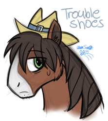 Size: 794x894 | Tagged: safe, artist:chibi-n92, derpibooru import, trouble shoes, earth pony, pony, bust, eye clipping through hair, frown, hat, male, signature, simple background, solo, stallion, white background