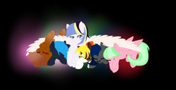 Size: 1636x840 | Tagged: safe, artist:aonairfaol, derpibooru import, oc, oc only, pegasus, pony, base used, group, hug, lying down, pegasus oc, prone, sleeping, spread wings, winghug, wings