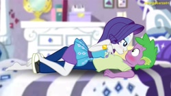 Size: 3642x2048 | Tagged: safe, artist:georgegarza01, derpibooru import, edit, rarity, spike, equestria girls, barefoot, bedroom eyes, blushing, clothes, eyeshadow, feet, female, geode of shielding, human spike, looking at each other, magical geodes, makeup, male, rarity peplum dress, rarity's bedroom, shipping, shirt, shoes, show accurate, sparity, straight