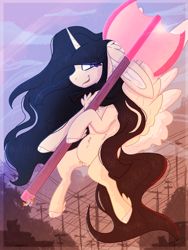 Size: 1620x2160 | Tagged: safe, artist:tizhonolulu, derpibooru import, oc, oc:cookie byte, oc:tiz honolulu, alicorn, pony, axe, pubic fluff, solo, weapon