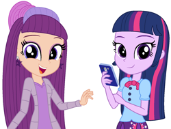 Size: 1323x999 | Tagged: safe, artist:leah2007, artist:user15432, derpibooru import, twilight sparkle, twilight sparkle (alicorn), alicorn, human, equestria girls, barely eqg related, base used, clothes, crossover, dress, ear piercing, earring, equestria girls style, equestria girls-ified, eyeshadow, hand on arm, jacket, jewelry, makeup, open mouth, phone, piercing, purple dress, rainbow high, violet willow