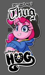 Size: 2280x3740 | Tagged: safe, artist:partylikeanartist, derpibooru import, pinkie pie, earth pony, pony, alternate clothes, cute, diapinkes, jewelry, necklace, rapper pie, solo, text, thug life