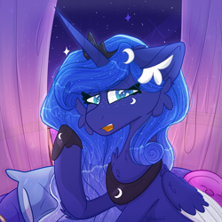 Size: 5000x5000 | Tagged: safe, artist:tizhonolulu, derpibooru import, princess luna, alicorn, pony, curtains, pillow, solo