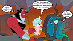 Size: 1136x639 | Tagged: safe, artist:silverbuller, derpibooru import, edit, edited screencap, screencap, cozy glow, lord tirek, queen chrysalis, centaur, changeling, changeling queen, pegasus, pony, g4, the beginning of the end, comic, english, female, filly, foal, implied chrysirek, implied grogar, implied shipping, implied straight, legion of doom, male, speech bubble, trio