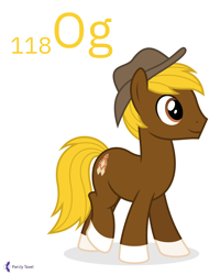 Size: 4000x5000 | Tagged: safe, artist:parclytaxel, derpibooru import, oc, oc only, oc:acres, earth pony, pony, series:joycall6's periodic table, .svg available, absurd resolution, chemistry, coat markings, commission, hat, male, oganesson, periodic table, simple background, smiling, socks (coat marking), solo, stallion, vector, white background