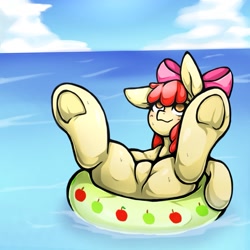 Size: 1543x1543 | Tagged: safe, artist:kyouman1010, derpibooru import, apple bloom, earth pony, pony, female, filly, floaty, frog (hoof), solo, underhoof, water