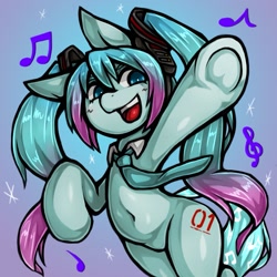Size: 1543x1543 | Tagged: safe, artist:kyouman1010, derpibooru import, earth pony, pony, anime, belly button, colored, cute, cutie mark, female, frog (hoof), hatsune miku, headphones, kotobukiya, kotobukiya hatsune miku pony, mare, music notes, necktie, open mouth, pigtails, ponified, solo, twintails, underhoof, vocaloid