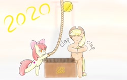 Size: 1721x1080 | Tagged: safe, artist:nomemint, derpibooru import, apple bloom, applejack, earth pony, pony, apple bloom's bow, applejack's hat, bell, bipedal, bow, clothes, cowboy hat, duo, duo female, female, filly, hair bow, hat, mare, standing, standing on one leg