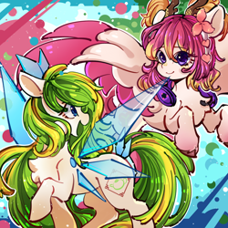 Size: 2048x2048 | Tagged: safe, artist:左左, derpibooru import, oc, oc:tea fairy, oc:鹃煦, earth pony, kirin, pegasus, pony, earbuds, female, group photo, guangzhou, kirin-ified, looking at each other, mare, mascot, open mouth, pegasus oc, shenzhen, smiling, smiling at each other, species swap, wings