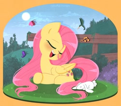 Size: 2404x2096 | Tagged: safe, artist:syrupyyy, derpibooru import, fluttershy, bird, butterfly, hummingbird, pegasus, pony, rabbit, animal, blushing, cute, eyes closed, female, high res, lying down, mare, music notes, open mouth, prone, shyabetes, singing, solo, stray strand