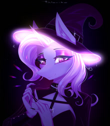 Size: 1125x1280 | Tagged: safe, artist:taleriko, derpibooru import, trixie, anthro, unicorn, abstract background, bust, choker, eyelashes, female, fingernails, hand, hat, lidded eyes, looking at you, magic, mare, smiling, solo, witch hat