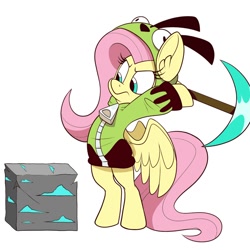 Size: 1200x1200 | Tagged: safe, artist:wutanimations, derpibooru import, fluttershy, pegasus, pony, animated at source, antonymph, bipedal, clothes, crack, diamond ore, diamond pickaxe, fluttgirshy, gir, hoodie, invader zim, minecraft, mining, pickaxe, simple background, solo, spread wings, upload fail, vylet pony, white background, wings, zipper
