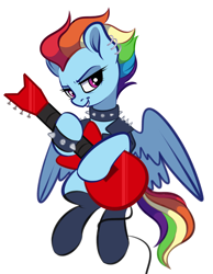 Size: 3010x3876 | Tagged: safe, artist:vetta, derpibooru import, rainbow dash, pegasus, bass guitar, clothes, collar, ear piercing, earring, electric guitar, flying, guitar, jewelry, looking at you, music, musical instrument, older, older rainbow dash, piercing, punk, smiling, solo, spiked collar, spiked wristband, wings, wristband