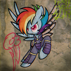 Size: 1280x1280 | Tagged: safe, artist:branewashpv, derpibooru import, rainbow dash, pegasus, pony, alternate timeline, amputee, apocalypse dash, badass, blood, crystal war timeline, determined, graffiti, grand theft auto, gta san andreas, scar