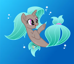 Size: 1280x1104 | Tagged: safe, artist:amjcreations, derpibooru import, oc, oc only, pony, seapony (g4), unicorn, base used, blue background, blue mane, bubble, dorsal fin, female, fish tail, flowing tail, horn, ocean, open mouth, purple eyes, seaponified, simple background, smiling, solo, species swap, tail, underwater, water