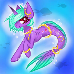 Size: 768x768 | Tagged: safe, artist:neisha-art, derpibooru import, oc, oc only, fish, merpony, pony, seapony (g4), unicorn, bubble, deviantart watermark, dorsal fin, fish tail, flowing tail, green mane, horn, jewelry, looking at you, necklace, obtrusive watermark, ocean, pearl necklace, red eyes, regalia, seaponified, smiling, solo, species swap, swimming, tail, underwater, water, watermark