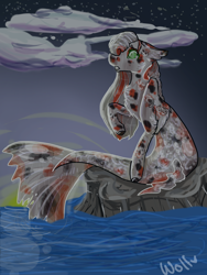 Size: 2448x3264 | Tagged: safe, artist:wolfofmagicwings, derpibooru import, oc, oc only, merpony, seapony (g4), bubble, chest fluff, cloud, dorsal fin, fish tail, flowing tail, green eyes, morning, night, ocean, rock, signature, sitting, sky, solo, stars, tail, water