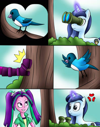 Size: 1280x1614 | Tagged: safe, artist:jerrydestrtoyer, derpibooru import, aria blaze, oc, oc:spiral swirl, bird, pony, unicorn, equestria girls, angry, bird watching, comic, cross-popping veins, glowing horn, horn, kicking