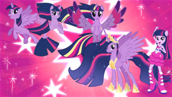 Size: 1280x720 | Tagged: safe, artist:yusakupham7, derpibooru import, princess twilight 2.0, twilight sparkle, twilight sparkle (alicorn), alicorn, pony, seapony (g4), unicorn, equestria girls, the last problem, bare shoulders, boots, clothes, crown, ethereal mane, female, fish tail, flowing mane, flowing tail, hoof shoes, horn, jewelry, looking at you, older, older twilight, open mouth, open smile, purple eyes, regalia, shoes, simple background, skirt, sleeveless, smiling, solo, spread wings, starry mane, strapless, tail, wings