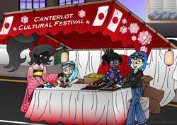 Size: 1063x752 | Tagged: safe, artist:lavenderrain24, derpibooru import, oc, oc:blissful trance, oc:ebony darkness, oc:rym, oc:shadow dancer, equestria girls, booth, clothes, festival, food, kimono (clothing), origami, sushi, teaching